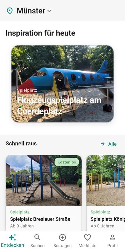 Startbildschirm der Kiddogo-App im Entwicklungsstand: „Inspiration für heute“ mit einem Spielplatz-Vorschlag und weiteren Orten in der Nähe